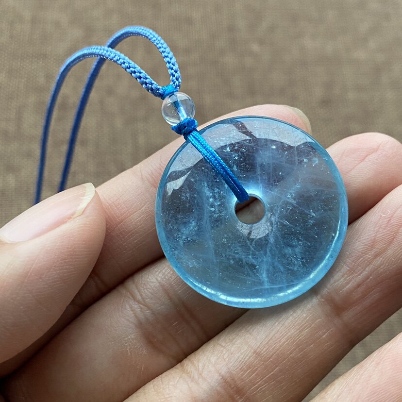精品天然海蓝宝大号平安扣吊坠又蓝又透男女水晶项坠