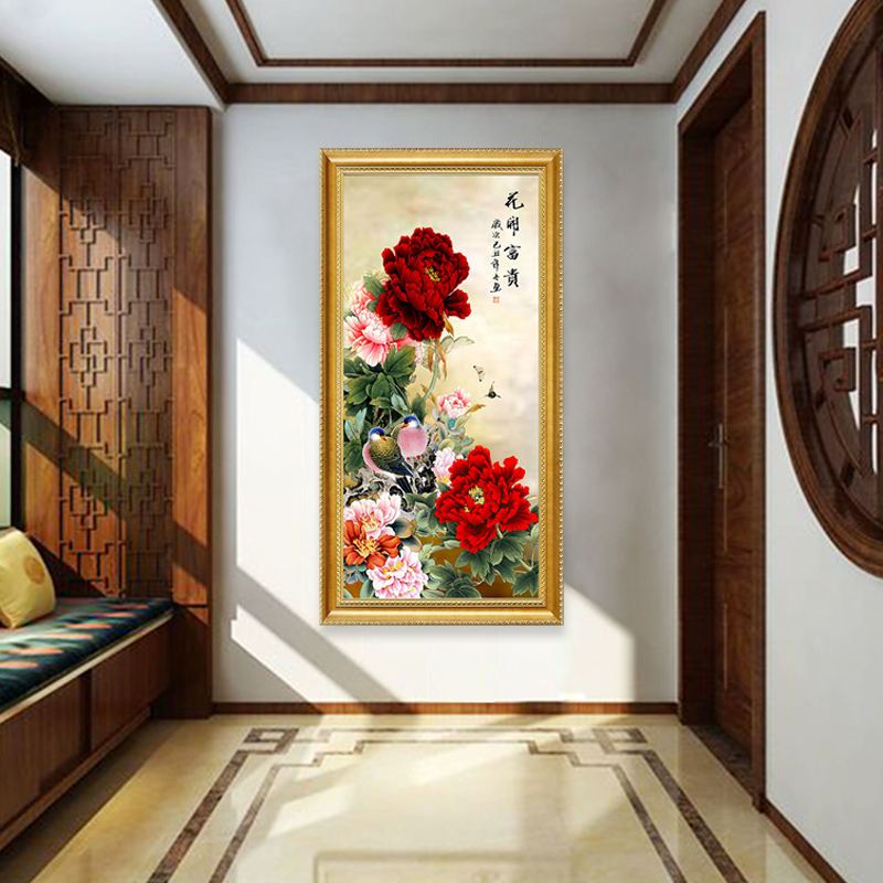 花开富贵十字绣线绣玄关牡丹现代客厅走廊过道竖版精准印花满绣5d