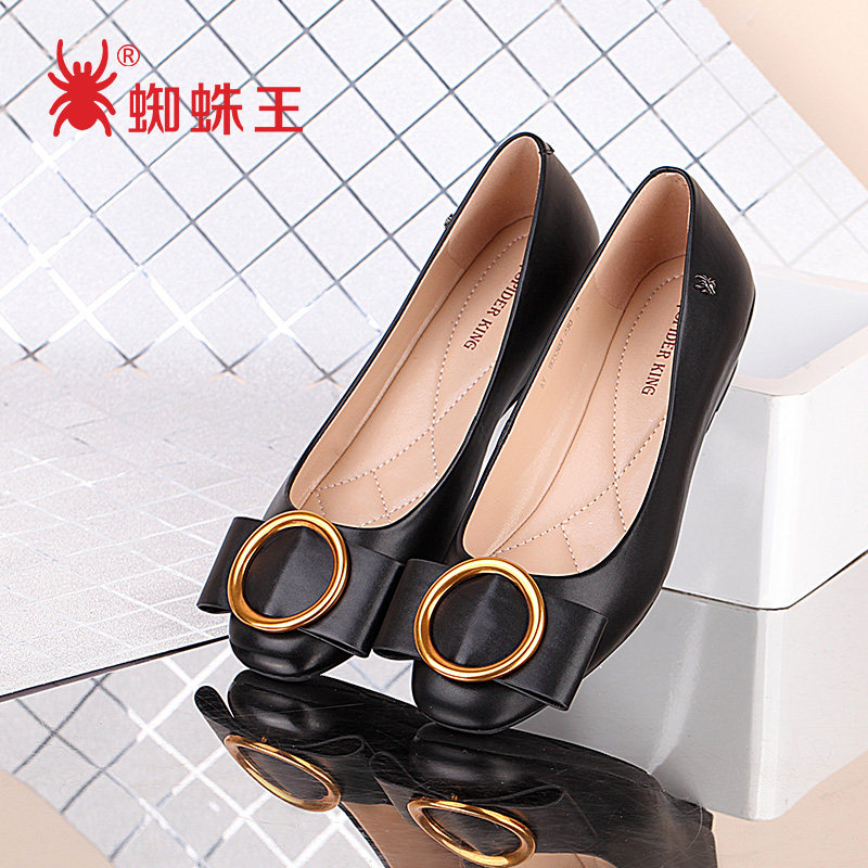 蜘蛛王女鞋新款秋季休闲鞋百搭女单鞋浅口坡跟蝴蝶结单鞋