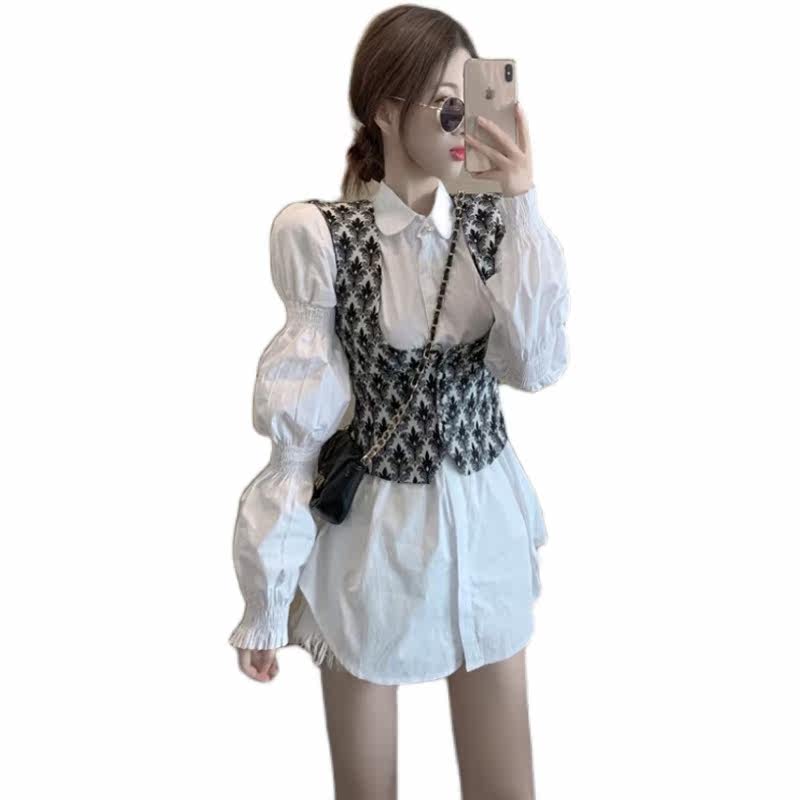 2020秋冬女装新款ins潮气质时尚洋气港风内搭衬衫 马甲两件套套装