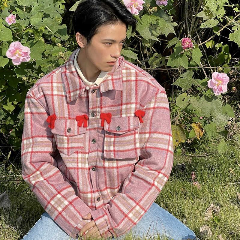 MamaHasGun冬款加州街头美式复古gift boy翻领粉格蝴蝶结夹克棉服