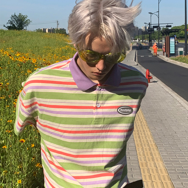 MHG夏款20原创加州街头风复古黄绿条纹polo领短袖T恤小众高街上衣