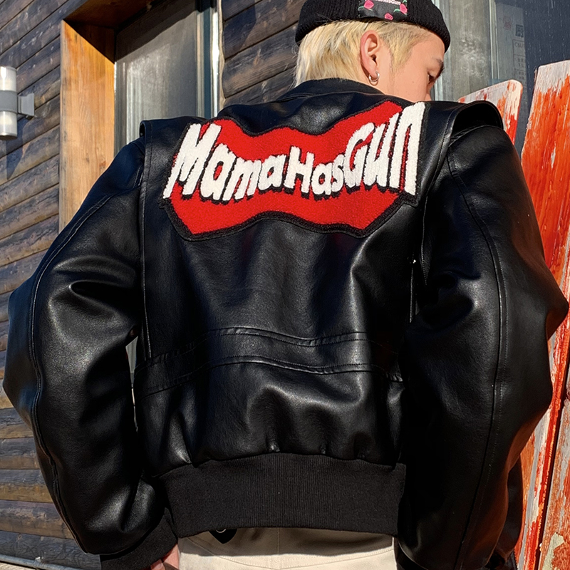 MamaHasGun美式加州复古毛巾绣撞色夸张logo宽松皮衣外套棉服夹克