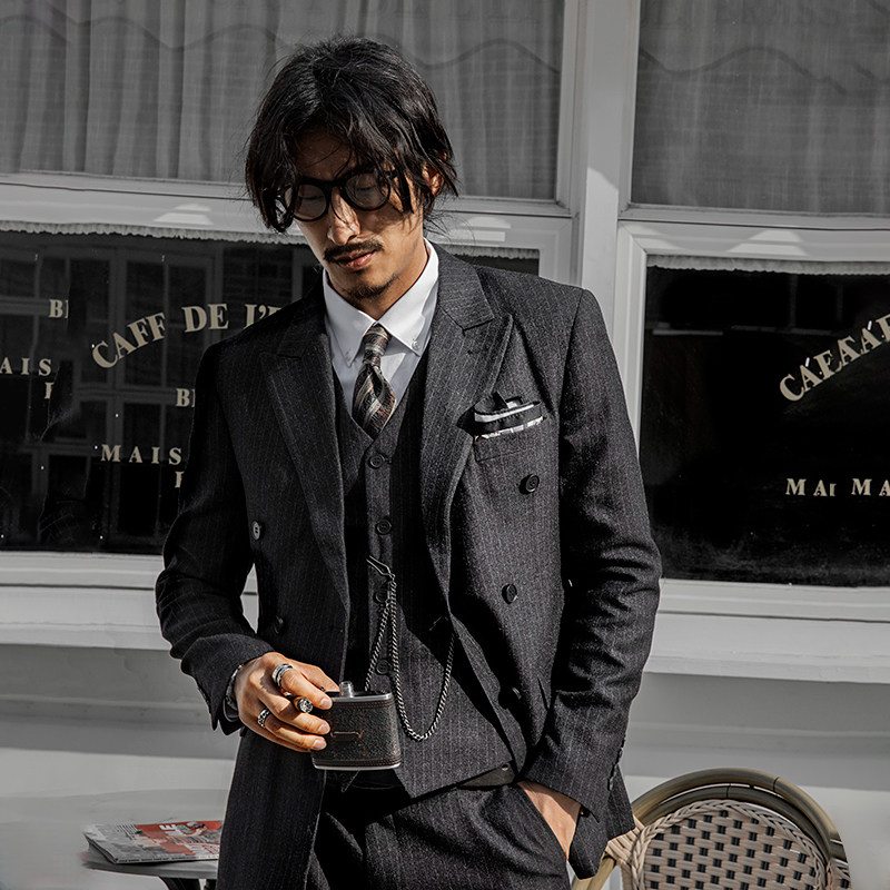 soarin英伦风复古双排扣西装男 商务正装黑色条纹职业装西服外套