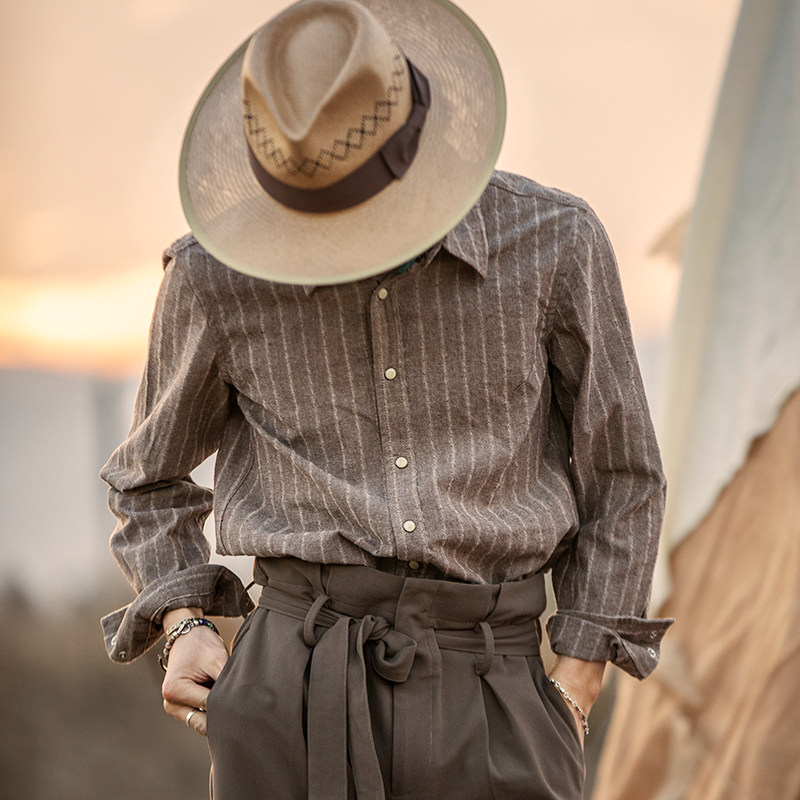 soarin雅痞复古条纹长袖衬衫英伦风棉麻商务休闲衬衫