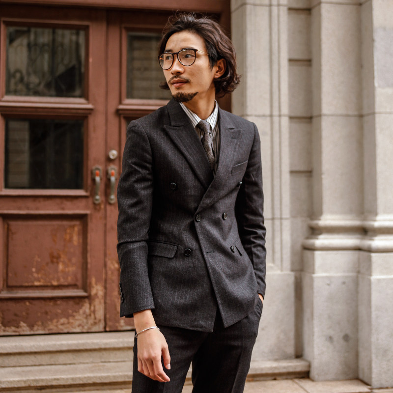 soarin英伦风复古双排扣西装男 商务正装黑色条纹职业装西服外套