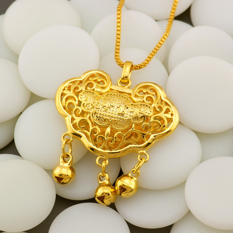 金满仓镂空金锁镀金项链出入平安长命富贵字样挂件项链