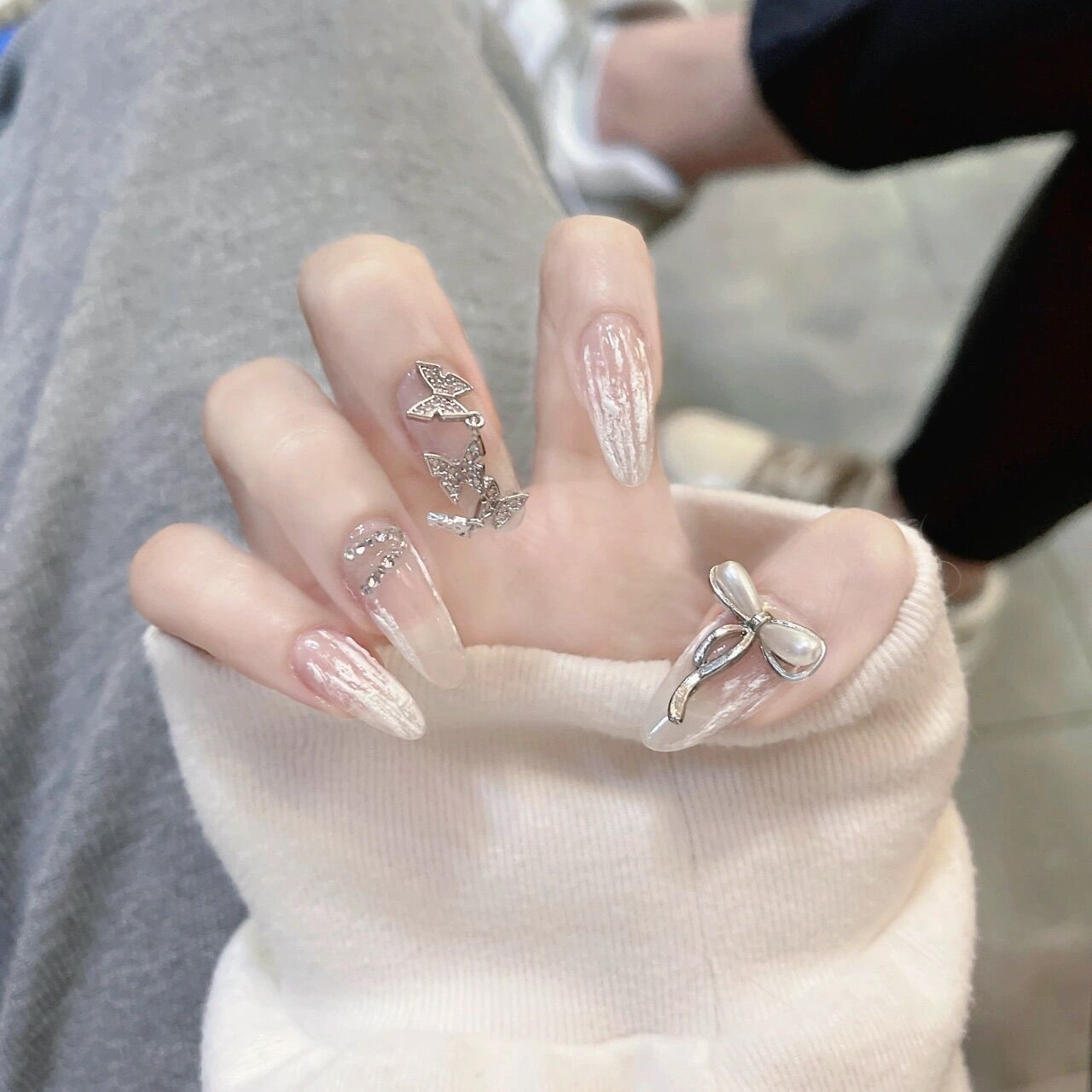 网红爆款美甲饰品超闪奢华锆石蝴蝶结流苏链条美甲工具