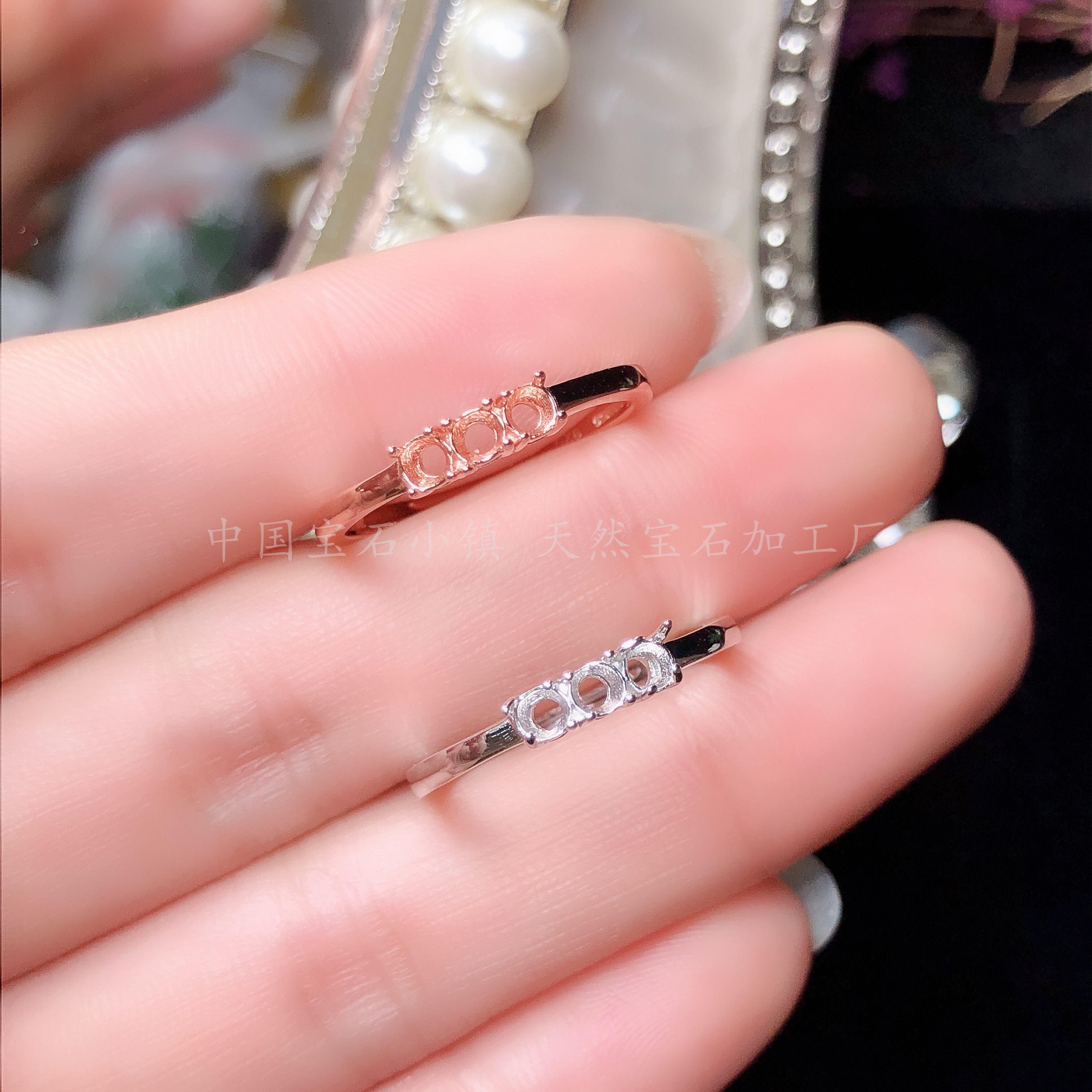 s925纯银圆形3mm戒指空托镶嵌多粒蛋面晶石戒指