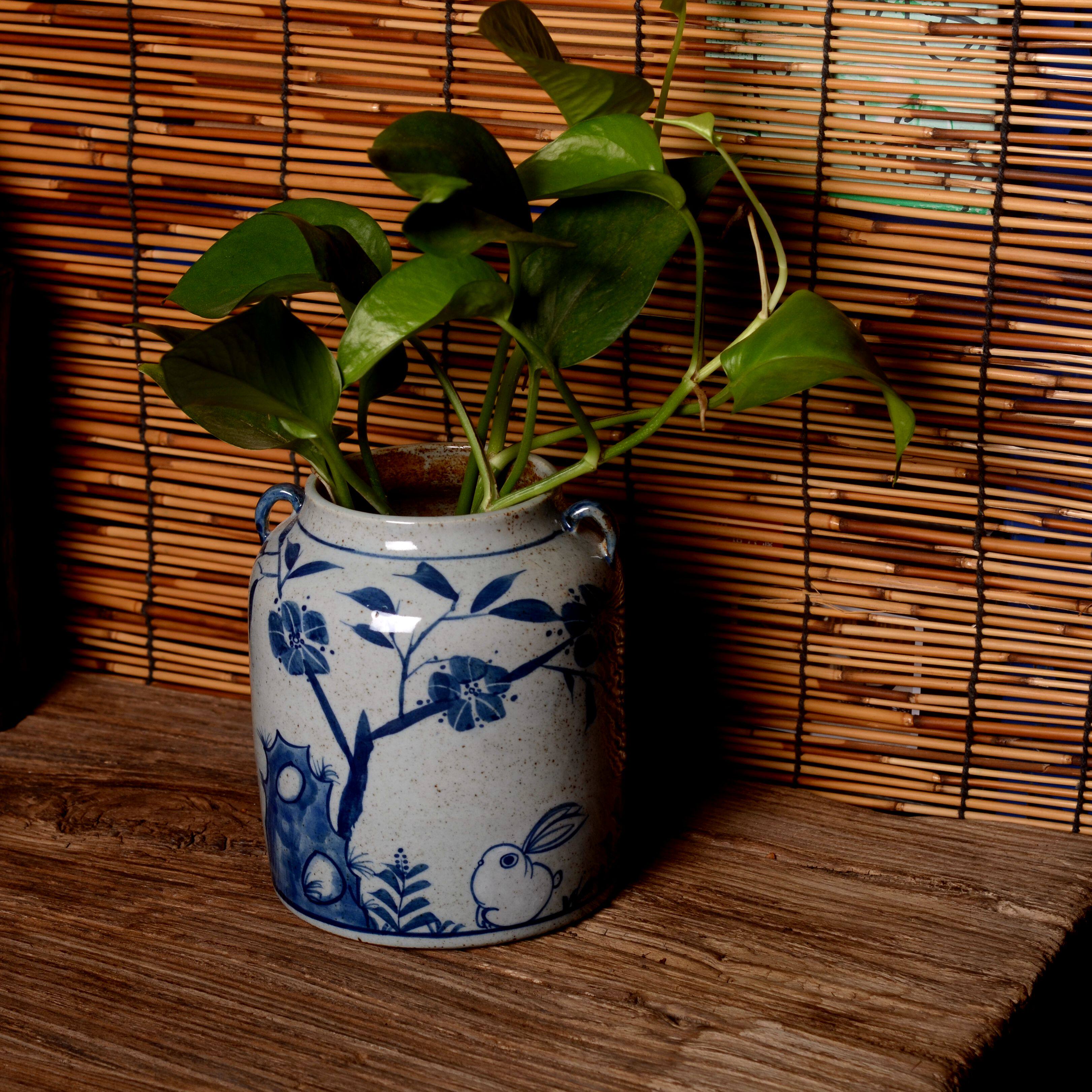 包邮景德镇大号 手绘青花双耳粗陶 手工花瓶 花器