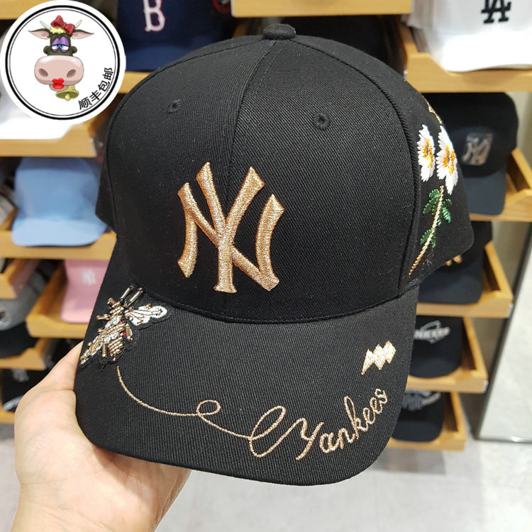 mlb帽子正品男女款棒球帽小蜜蜂ny鸭舌帽花卉刺绣黑粉金标32cpfn