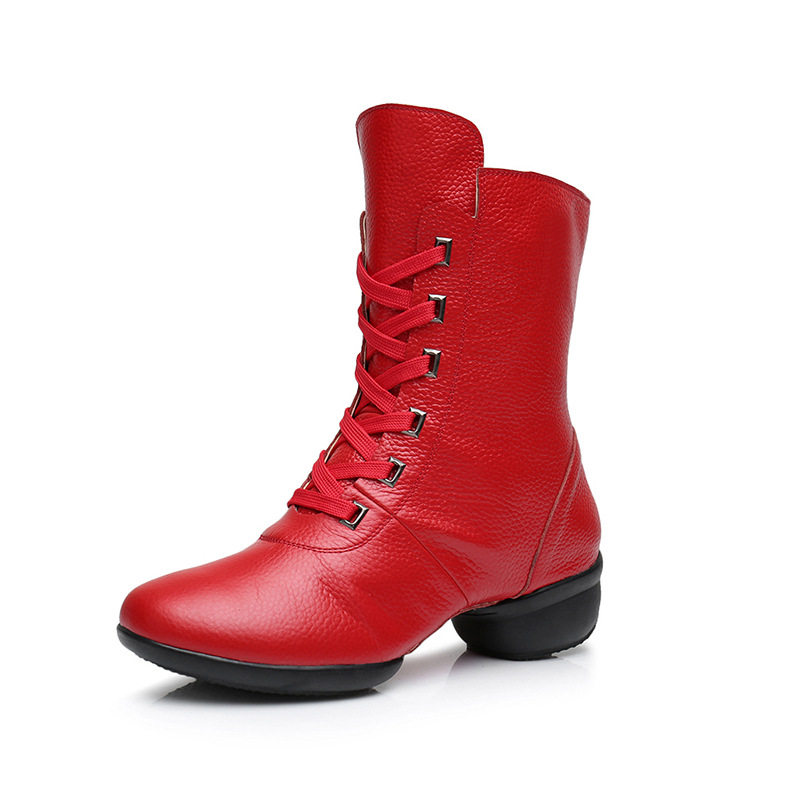 舞鞋大红真皮舞蹈靴子软底广场跳舞水兵健身广场舞鞋