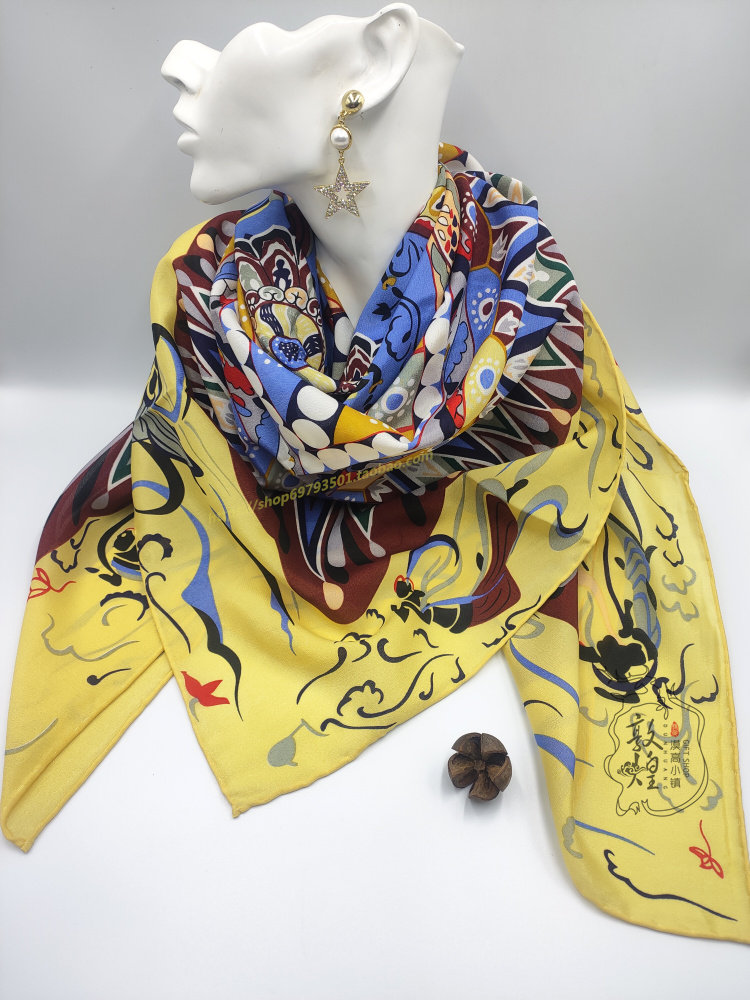 敦煌壁画画艺术丝巾飞天三兔莲花藻井双绉卷边围巾