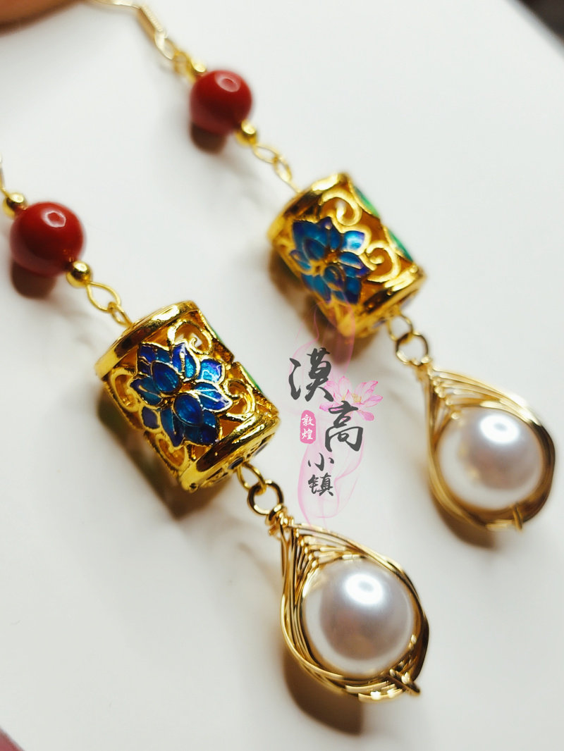 敦煌藻井飞天古装服饰烧蓝古风手工珍珠耳环耳环