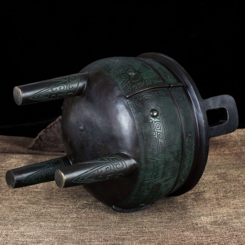 实心纯铜兽面鼎摆件青铜器铜鼎工艺品办公室仿古鼎圆鼎装饰品摆件