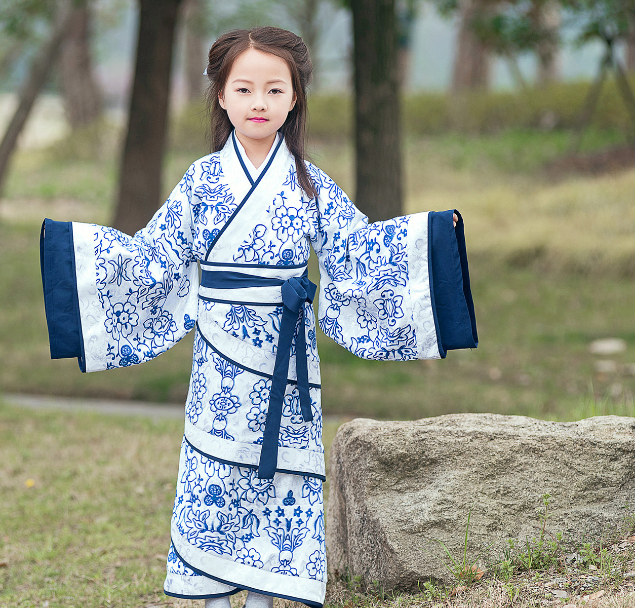 女童汉服小女孩子三绕曲裾青花瓷古装连衣裙幼儿童学堂中式国学服