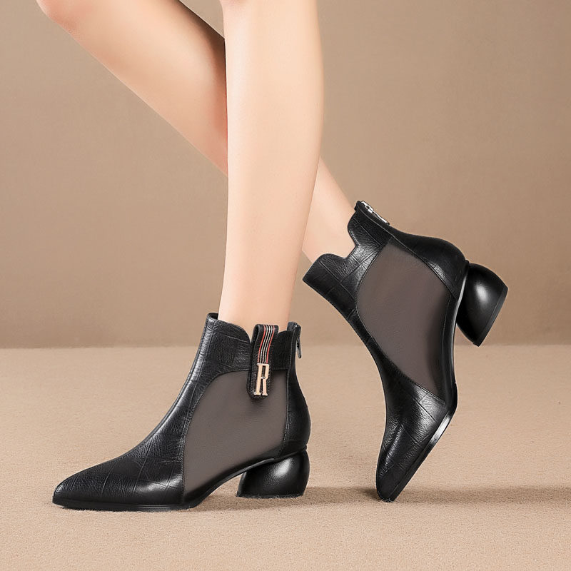 真皮网靴女2020春季新款粗跟镂空短靴透气网纱四季中跟大码凉靴子