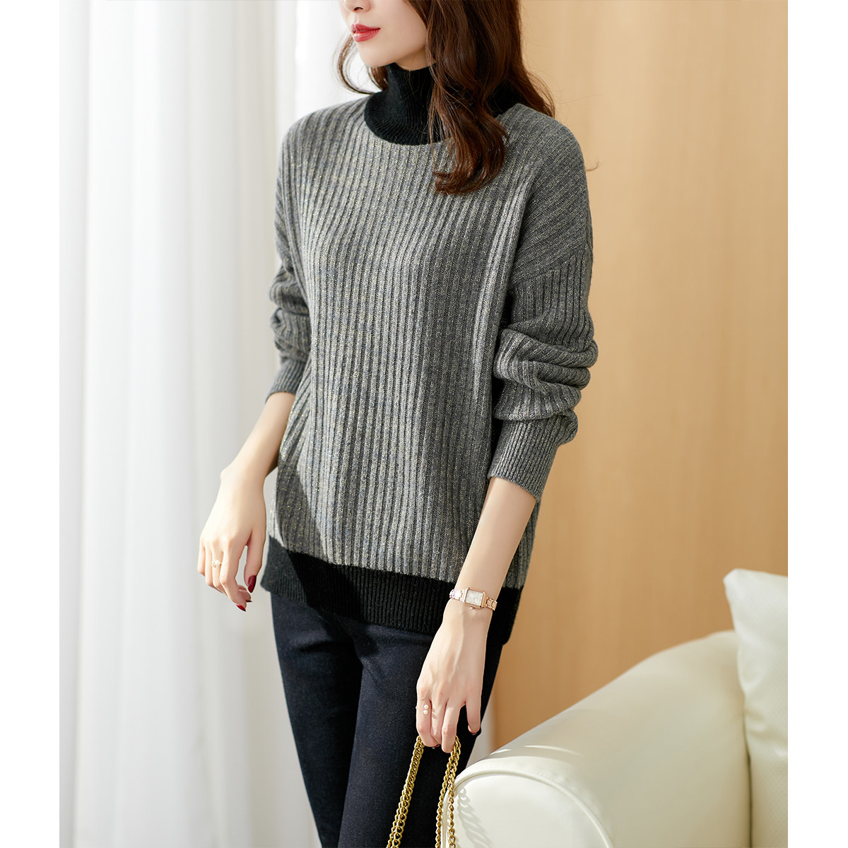 金丝高领羊绒毛衣2020秋冬新款坑条拼色针织衫毛衣