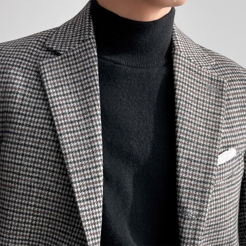 秋冬西装外套西服休闲羊毛男士单西装修身千鸟格休闲西服