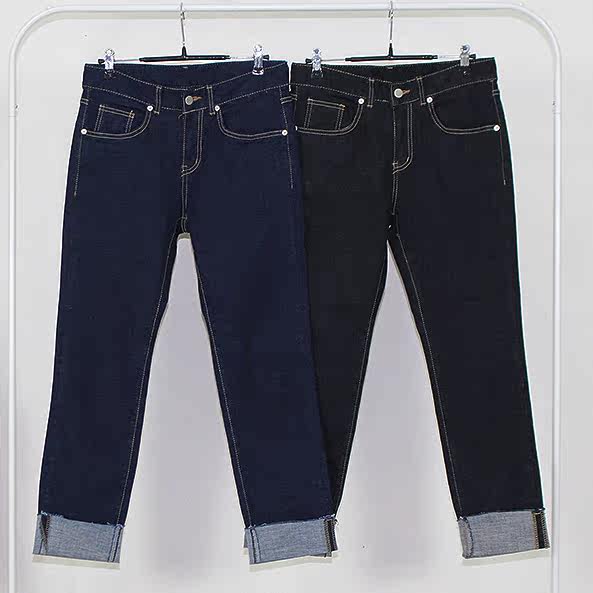 韩国代购原色百搭赤耳丹宁卷边紧身修身棉弹牛仔裤潮男青年铅笔裤