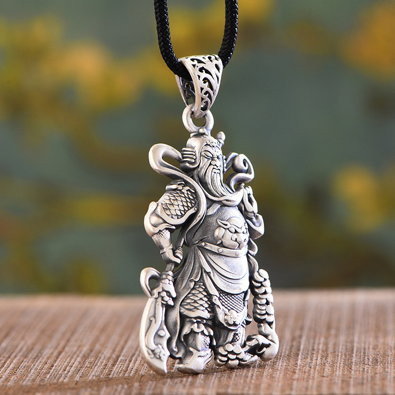 足银男士关公吊坠个性霸气武财神纯银项坠护身项坠