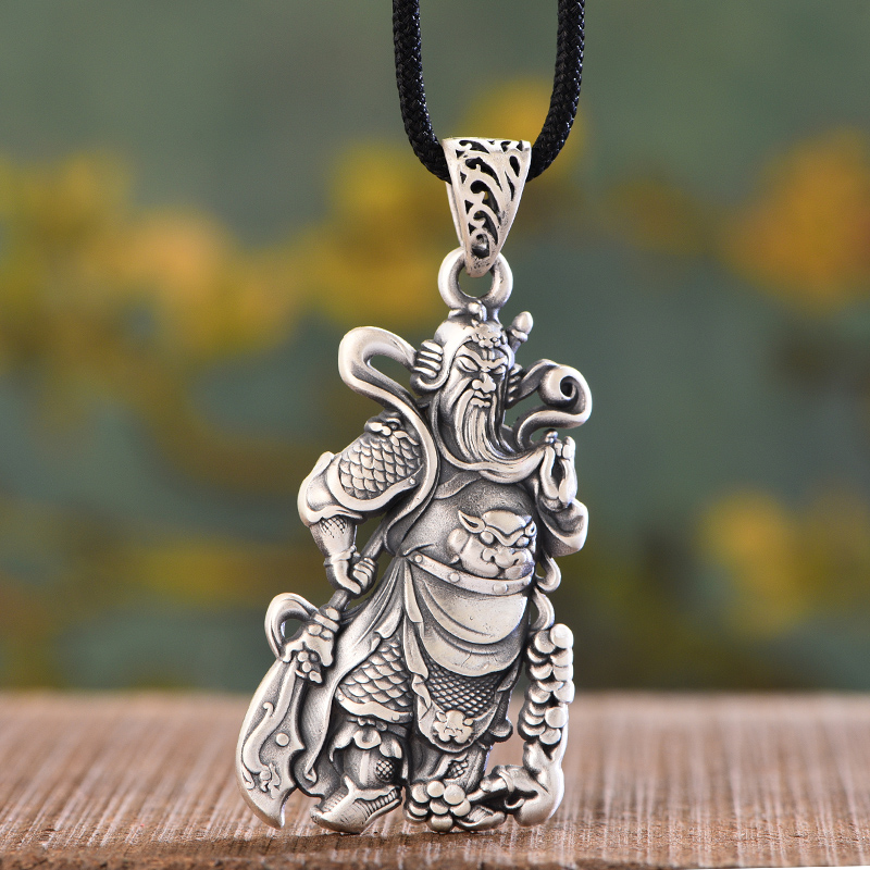 足银男士关公吊坠个性霸气武财神纯银项坠护身项坠