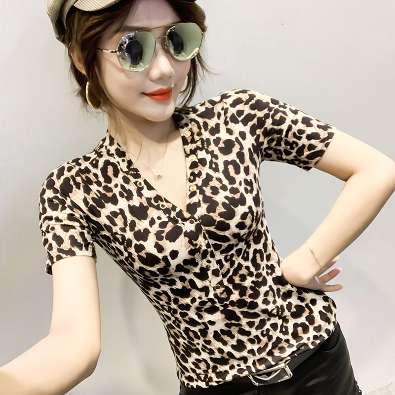 豹纹短袖恤女欧洲站2020春夏季新款时尚领韩版修身t恤