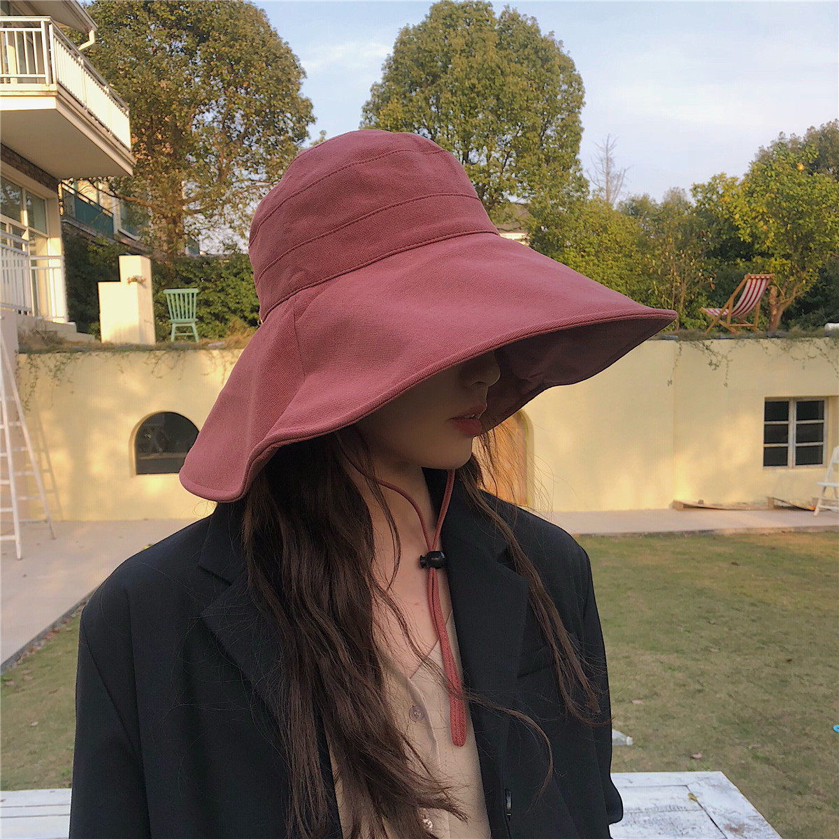 法式复古日系纯色大檐渔夫帽子子女夏季加长帽子