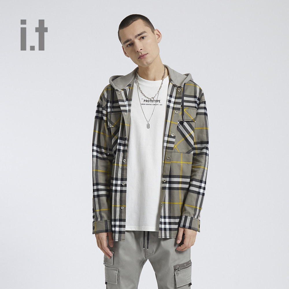 itizzue男装连帽衬衫春季休闲街头格纹拼色衬衫