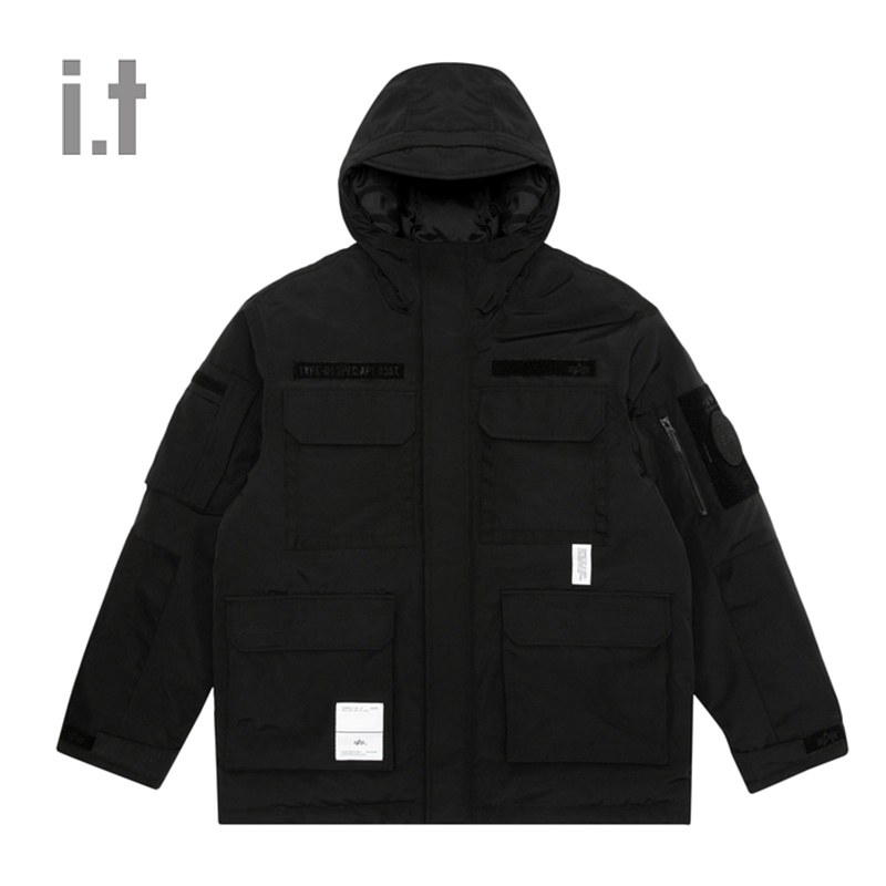 italphaindustries男装秋冬魔术贴多口袋连帽羽绒服羽绒服