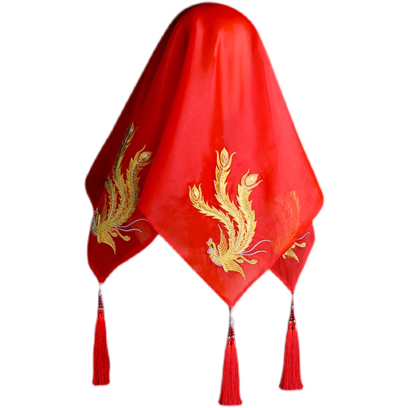 红盖头婚庆用品中式新娘网纱透气喜帕金丝金丝凤头纱