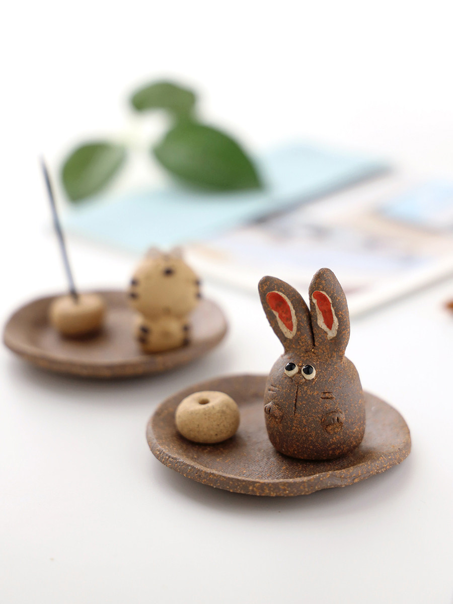 日本香薰兔子配件茶道插香炉香可爱进口陶制茶道