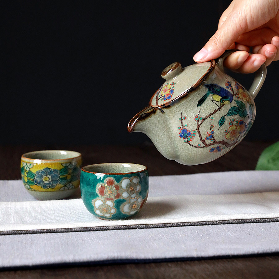 日本进口九谷烧陶瓷五趣传统吉田牡丹茶杯主人茶杯