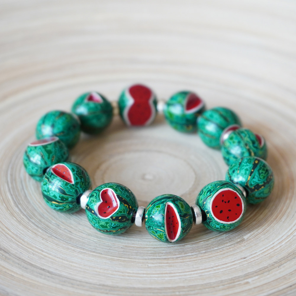 大漆实木漆器串珠男女可爱西瓜单颗散念珠手链漆器