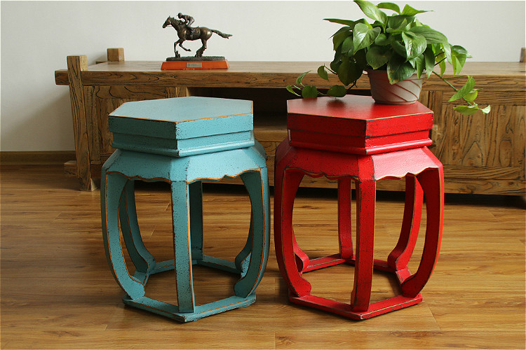 新中式实木榫卯复古做旧古典彩漆田园六角凳换鞋凳梳妆凳鼓凳休闲