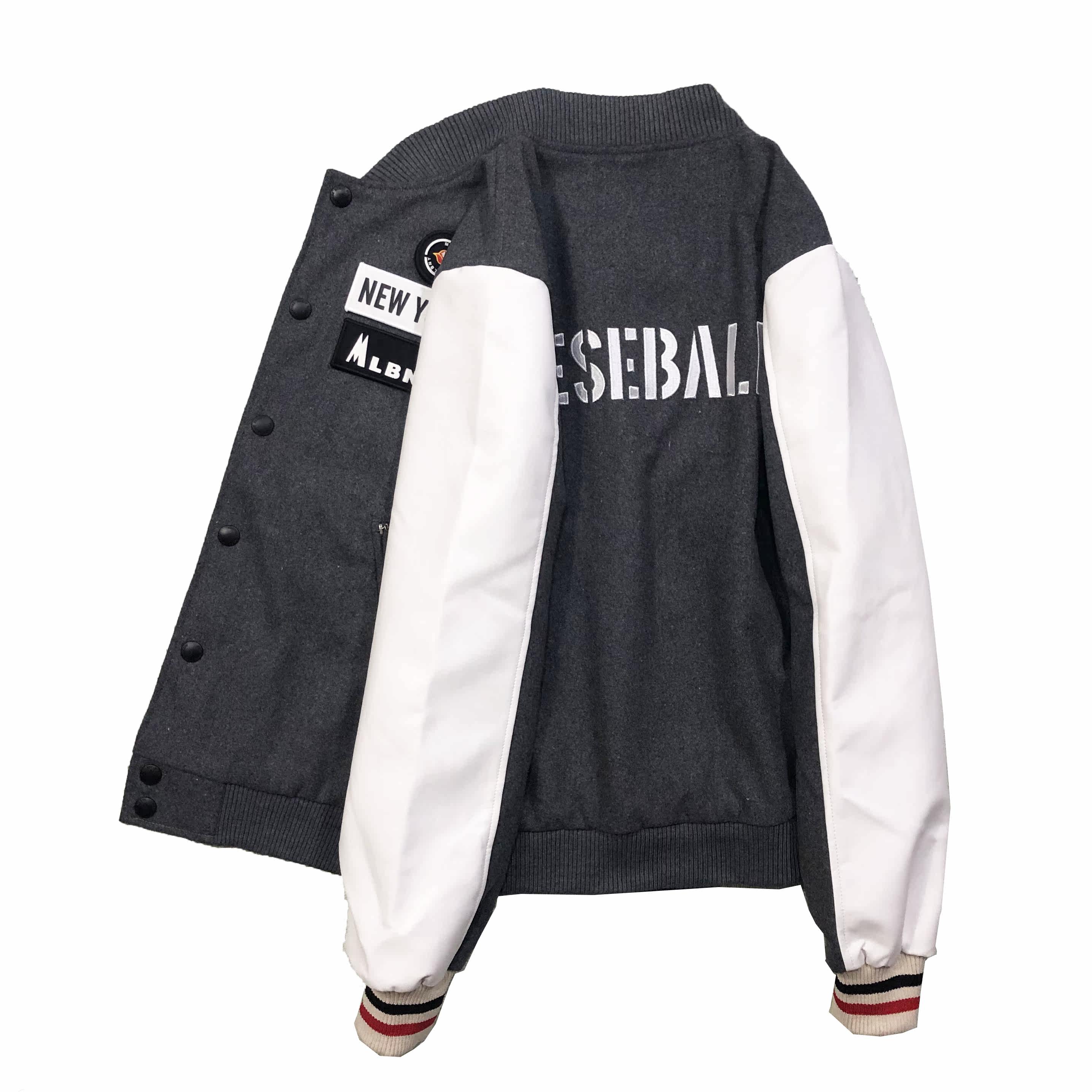 mlbny刺绣棒球服女韩版宽松毛呢外套pu袖子毛呢外套