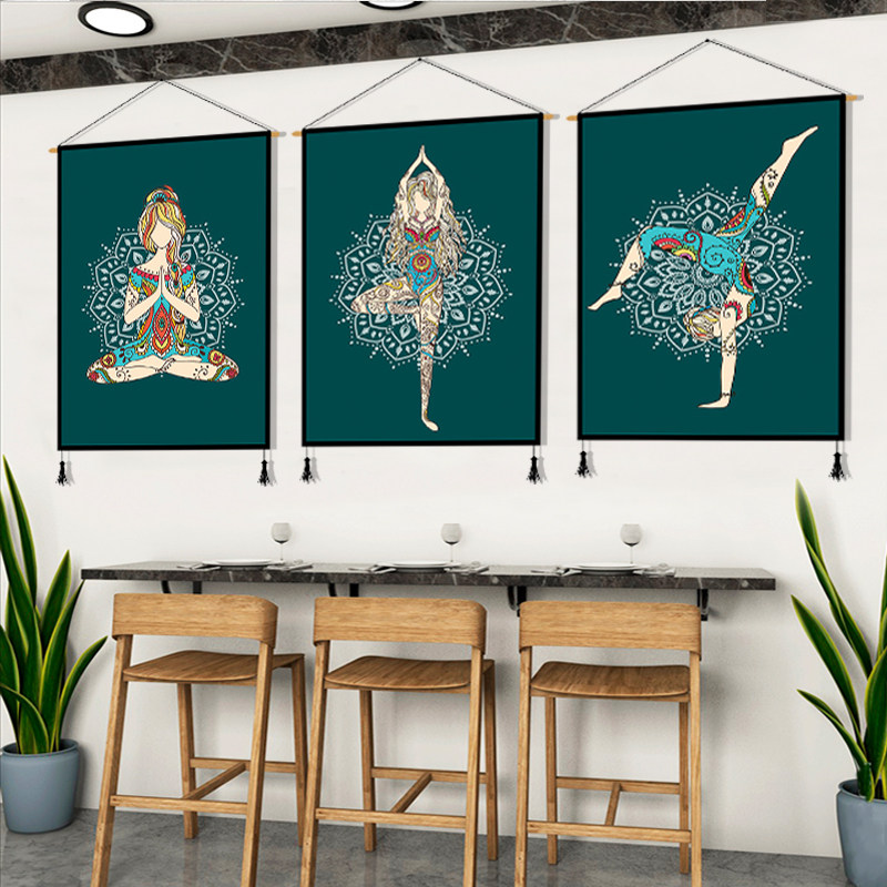 瑜伽墙面装饰画印度印度人人体姿势壁画健身房墙画挂毯