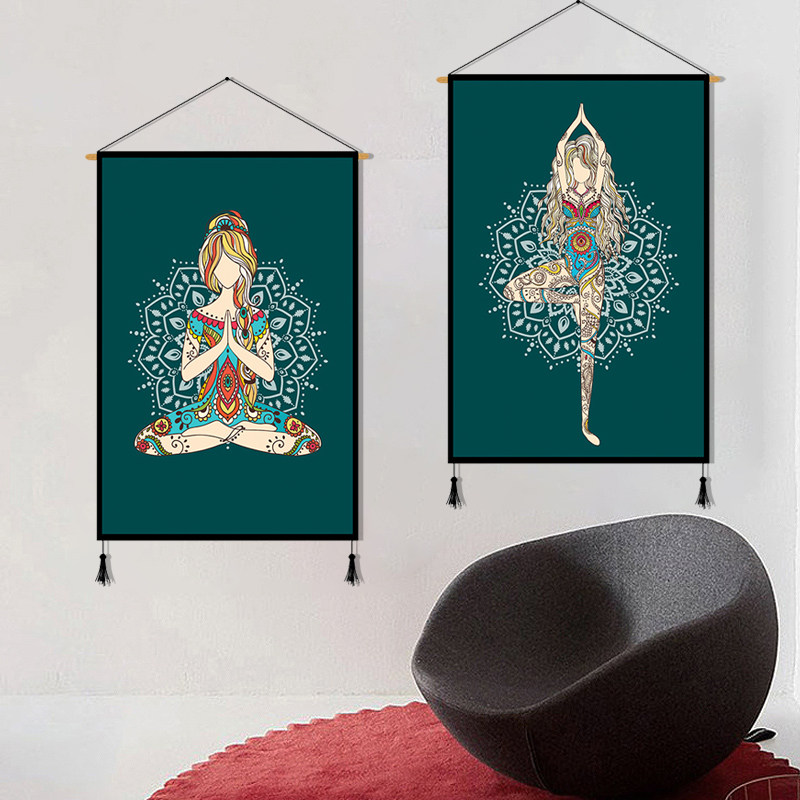 瑜伽墙面装饰画印度印度人人体姿势壁画健身房墙画挂毯