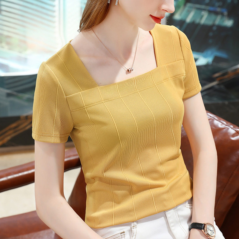 冰丝短袖恤女薄款2021夏季锁骨方领上衣半袖t恤