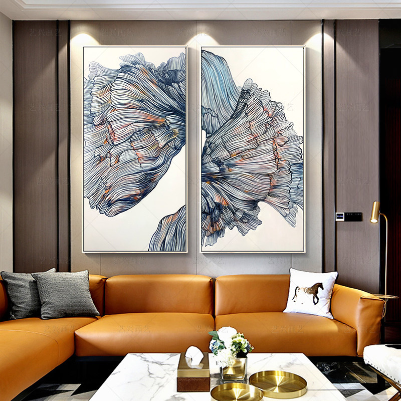 现代简约双联画挂组合背景沙发客厅油画新中式手绘油画