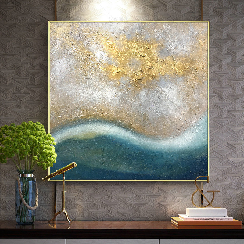 手绘油画轻奢金箔海景抽象现代简约玄关装饰画客厅油画