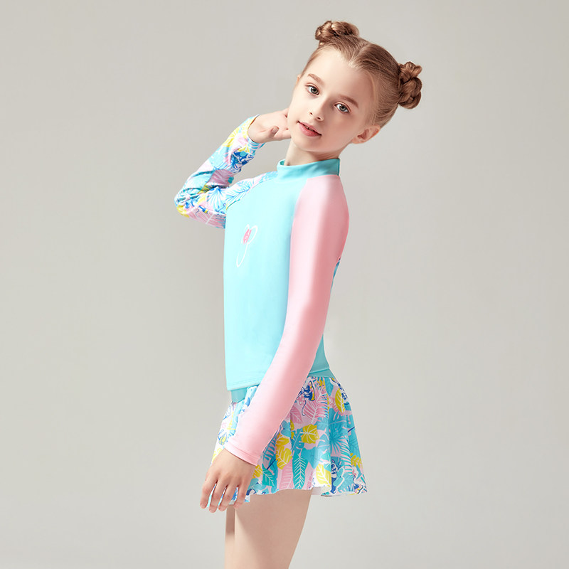 英发迪士尼儿童分体泳衣长袖遮阳中大女童裙式儿童泳衣