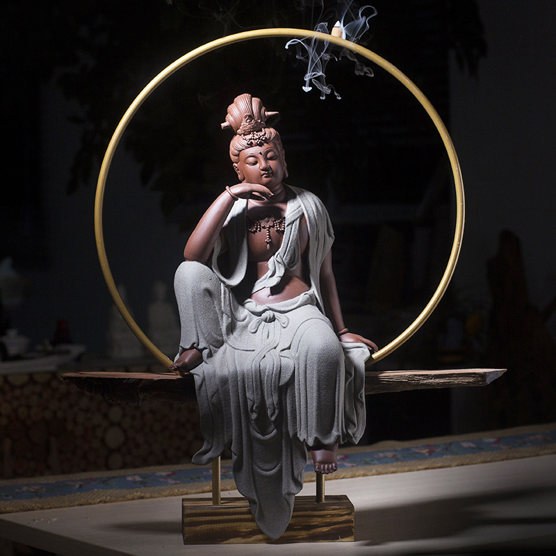 自在观音陶瓷摆件佛像家居工艺品紫砂开光观世音菩萨风水玄关供奉