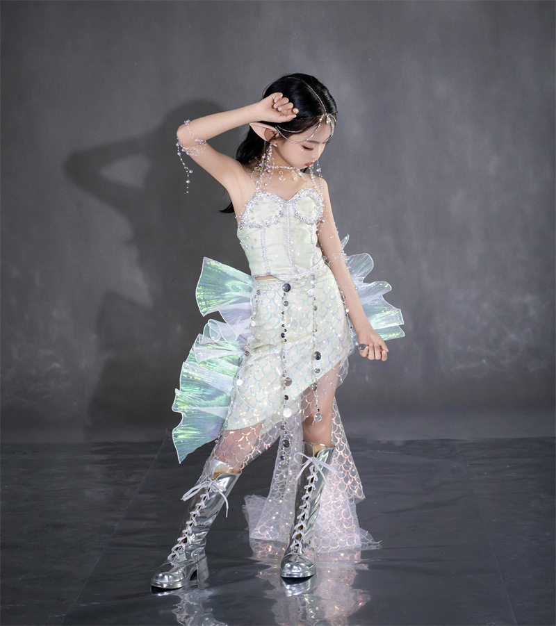 人鱼亮片鱼尾女童礼服cos鲛人服装海洋风走儿童演出服