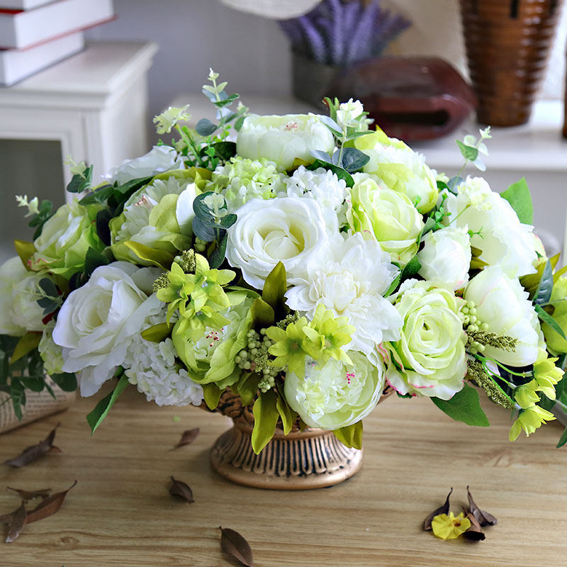 欧式清新仿真花装饰花客厅餐桌摆放花艺绿色玫瑰假花绢花摆花套装