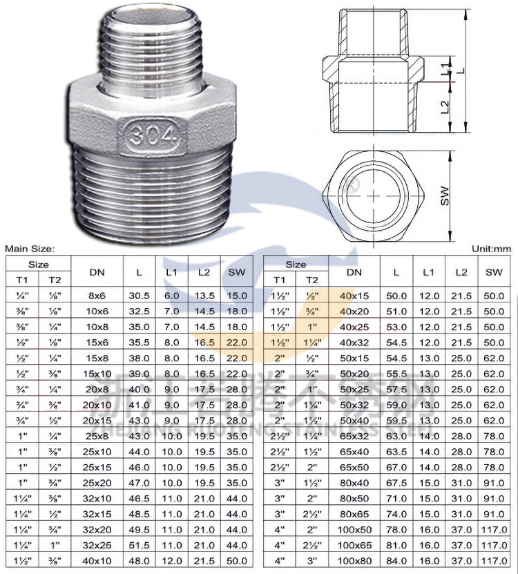 304不锈钢六角外丝对丝变径大小头外牙直接短接头直通内接管件1寸