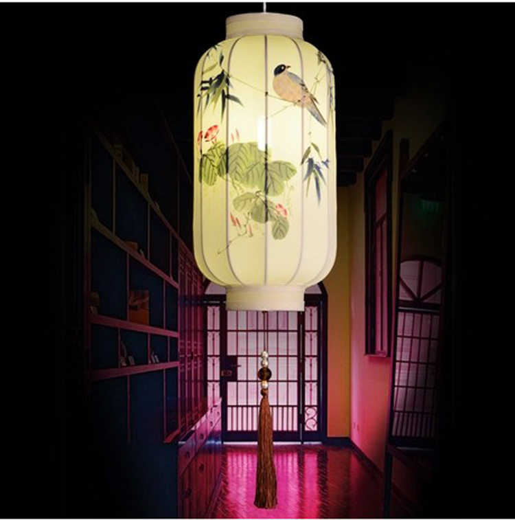 中式古典手绘布艺吊灯花鸟灯笼客厅卧室书房会所茶楼装饰手工灯饰