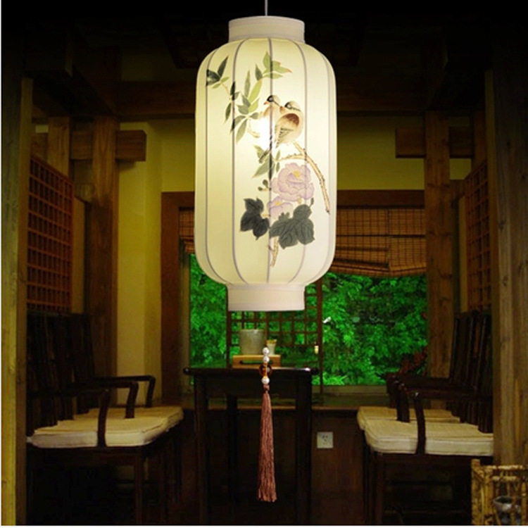 中式古典手绘布艺吊灯花鸟灯笼客厅卧室书房会所茶楼装饰手工灯饰