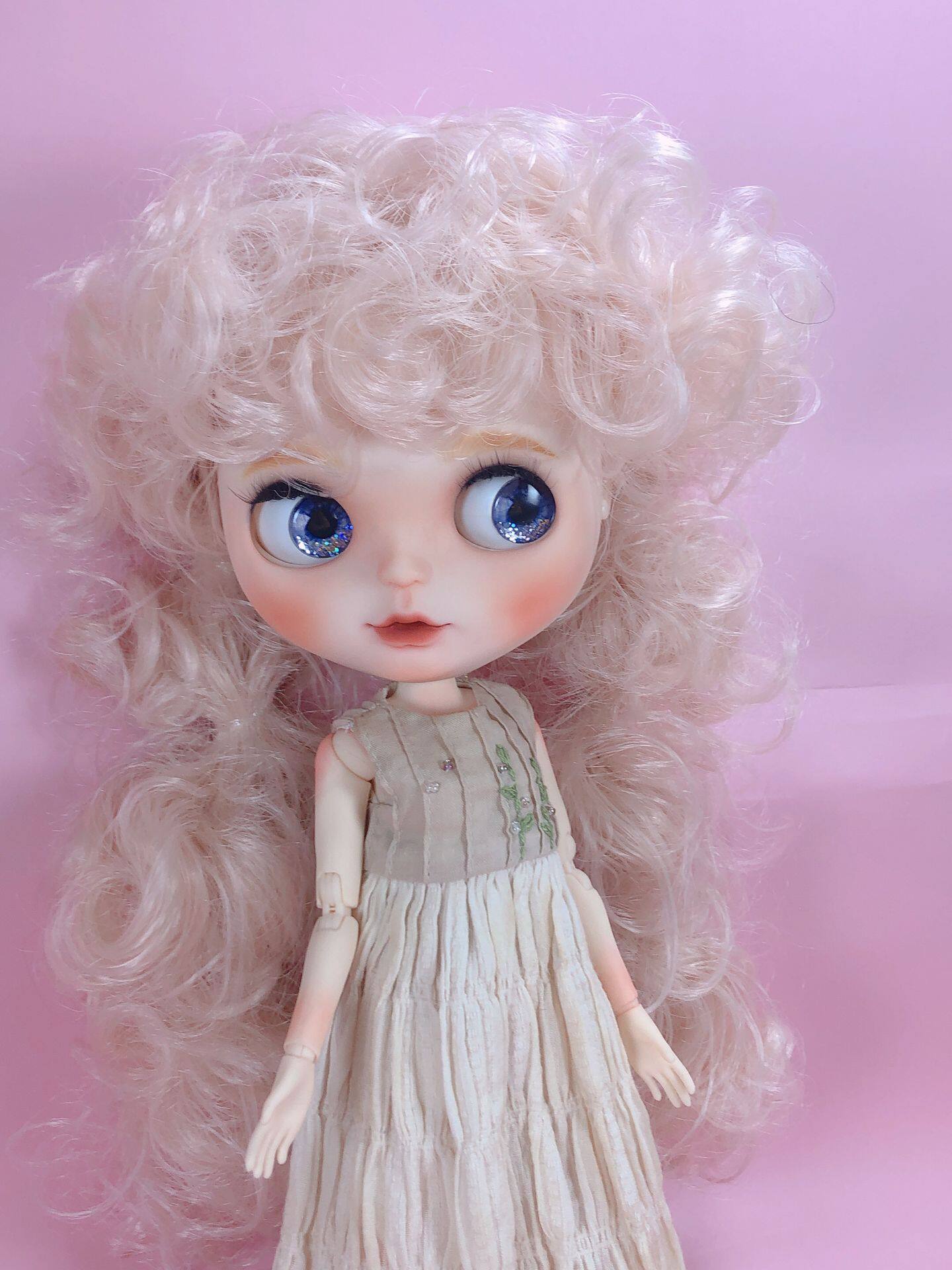 田园面容粉色卷毛爆炸头辫子配新ob24小布改娃娃娃