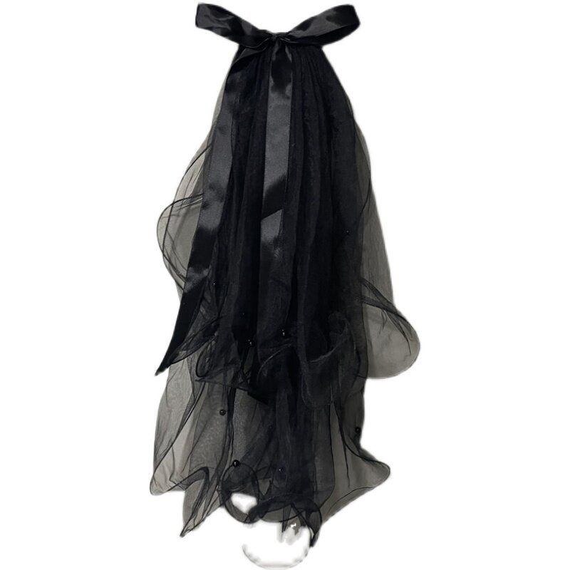 黑色新款珍珠卷边造型头纱多层韩式简约万圣节头纱